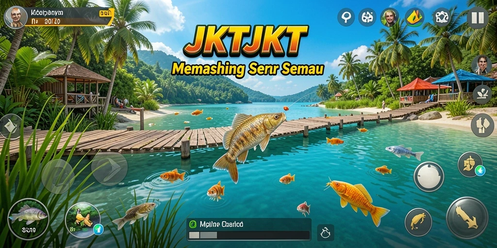 Screenshot gameplay JKTJKT menampilkan aksi menangkap ikan yang menegangkan.