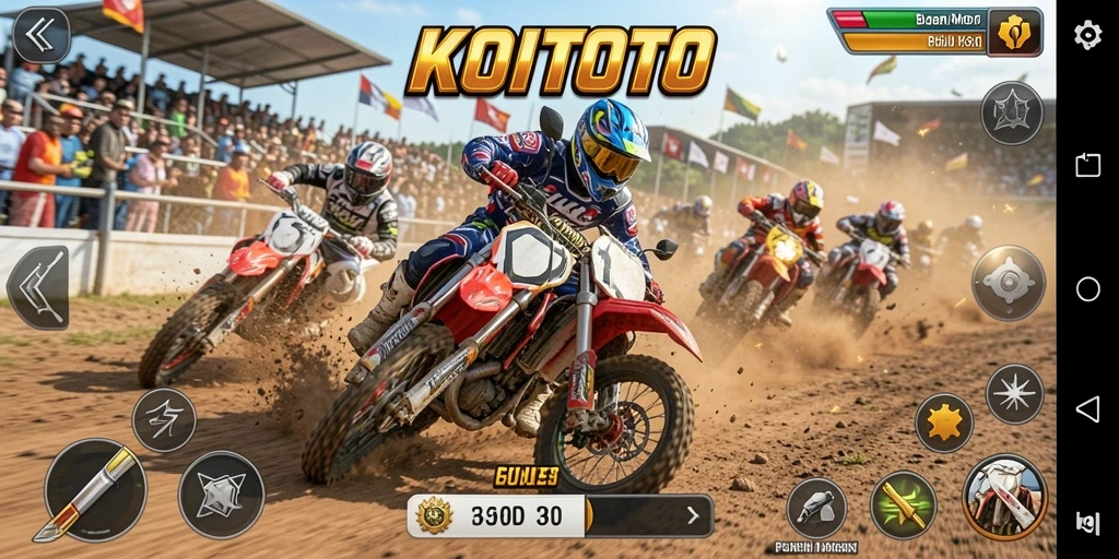 Tampilan gameplay balapan motor yang mendebarkan dan kompetitif.
