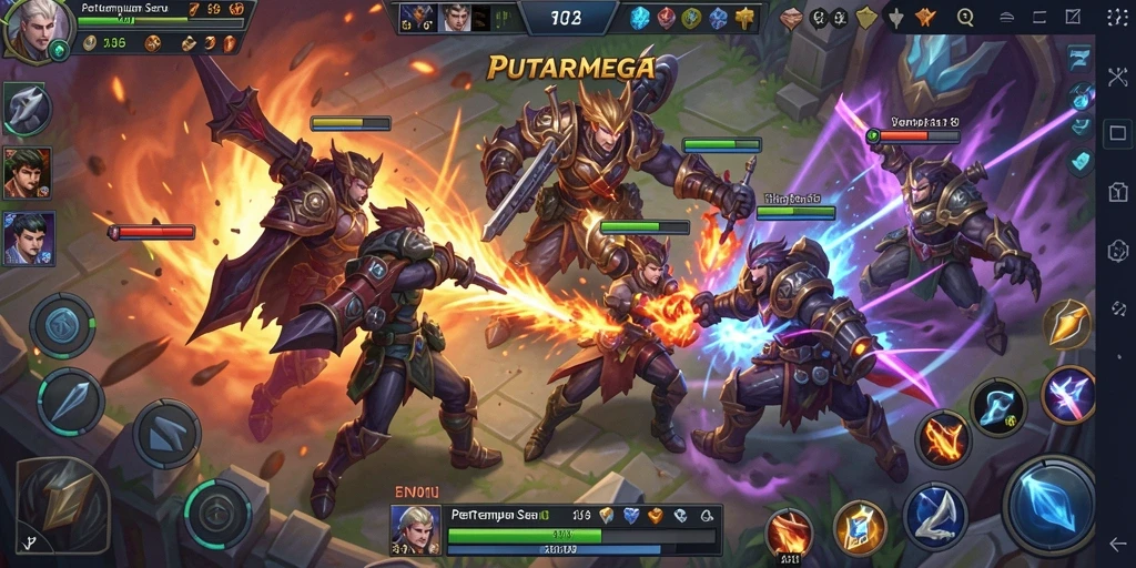 Screenshot gameplay <strong>PUTARMEGA</strong> menampilkan pertempuran seru antara dua tim.